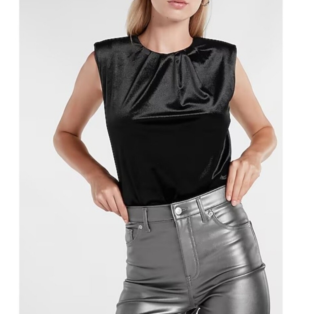 Express Black Velvet Padded Shoulder Pleated Bodice Bodysuit XS New